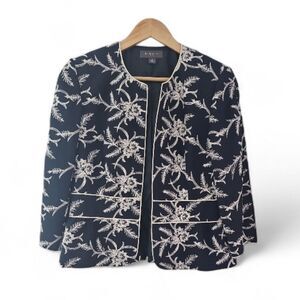Liz Claiborne Linen Blend Jacket Sz 8 Navy Embroidered Floral Lightweight